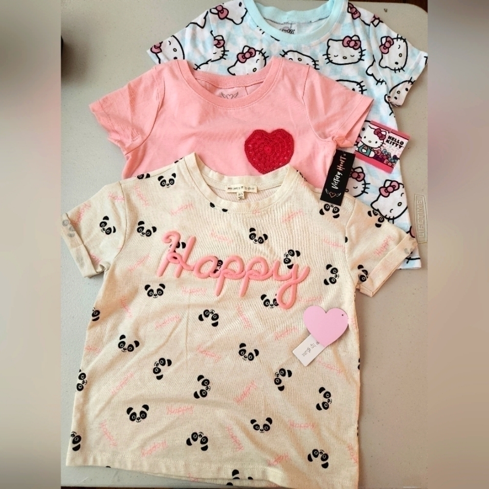 NWT 3Pack Girl's Summer Short Sleeve Tees-Hello Kitty,Happy&Crochet Heart,S7/8